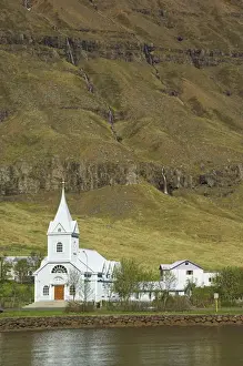 Blue Lutheran church at Seydisfjordur ferry terminal village
