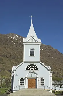 Blue Lutheran church at Seydisfjordur ferry terminal village
