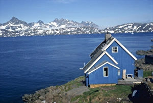 Ammassalik Prints: Blue painted wooden house on the coast