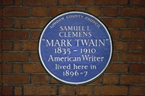 Plaques Prints: Blue plaque commemorating Mark Twain, London, England, United Kingdom, Europe