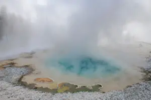 Thermal Pool Prints: Blue thermal feature in the fog and snow, Yellowstone National Park