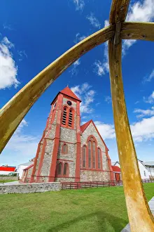 Christ Prints: Blue whale mandibles frame Anglican Christ Church Cathedral in Stanley, Falkland Islands