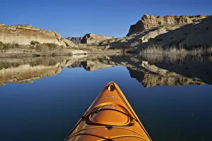 Kayak Prints: Bluff and stand of bushes reflected in Lake Powell from a kayak, Glen Canyon National
