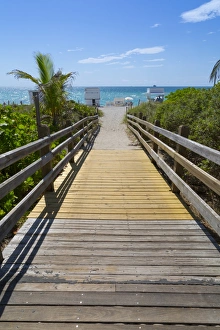 Arecaceae Prints: Boardwalk towards the beach and Atlantic Ocean, South Beach, Miami Beach, Miami, Florida