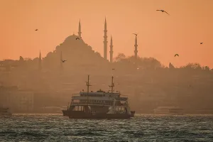 Hazy Prints: A boat in the Bosphorus and Suleymaniye Camii Mosque, Istanbul, Turkey, Europe