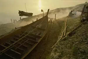 Boat building on the banks of the Great Ganga River, India, Asia