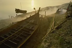 Ganga Prints: Boat building on the banks of the Great Ganga River, India, Asia