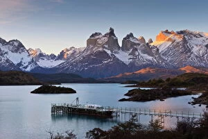 Pier Gallery: Boat dock and Paine mountains at sunset, Torres del Paine National Park, Patagonia, Chile