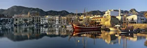 Kyrenia Prints: The boat filled harbour and mountains with mirror reflection, Kyrenia (Girne)