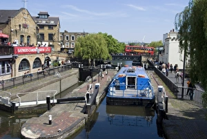 Water Ways Prints: Boat going through Camden Lock, London, England, United Kingdom, Europe