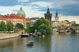 Vltava Prints: Boat going towards Charles Bridge, Prague, Bohemia, Czech Republic (Czechia), Europe
