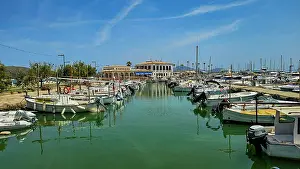 Palm Prints: Boat harbour at Port de Pollenca features numerous boats lined up in clear water under blue skies in Mallorca