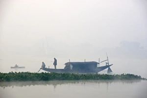 West Bengal Prints: Boat on the Hooghly River, part of Ganges River, West Bengal, India, Asia