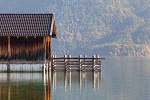 Upper Bavaria Prints: Boat house at Walchensee Lake in autumn, Bavarian Alps, Upper Bavaria, Bavaria, Germany