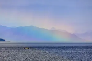 Meteorological Prints: Boat, huge rainbow colours light up mist over the Fairweather Range