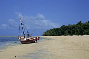Green Island Prints: A boat moored on the beach on Green Island, Great Barrier Reef, Queensland