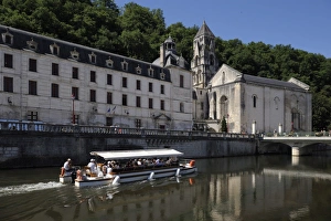 Brantome Prints: Boat passing in front of the Abbey, Brantome. Dordogne, France. Europe