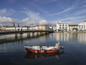 Pedestrian Bridge Prints: Boat and Pedestrian Bridge, River Gilao, Tavira, Algarve, Portugal, Europe