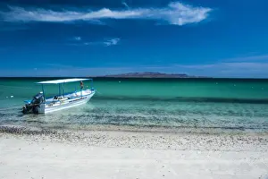 Baja California Prints: Boat on Playa Tecolote with Isla Espiritu Santo in the background