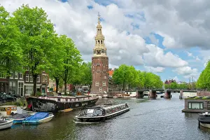 Cruise Prints: Boat on Rapenburgwal canal and Montelbaanstoren tower in the background