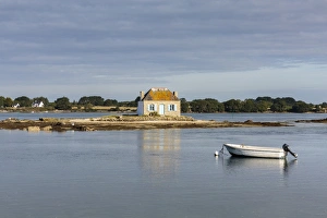Traditionally French Prints: Boat in front of Saint-Cado isle, Quiberon, Morbihan, Brittany, France, Europe