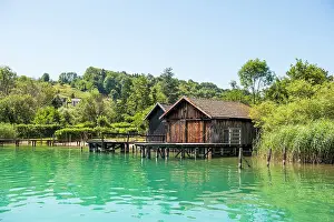 Cabins Prints: Boat sheds, made of wood, by the natural Lake of Aiguebelette