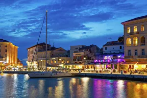 Eateries Prints: Boat and waterfront restaurants in the evening, Harbor, Porec, Croatia, Europe