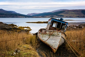 Isle Prints: Boat wreck, Isle of Mull, Inner Hebrides, Scotland, United Kingdom, Europe