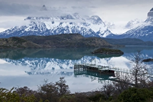 Lago Pehoe Prints: Boatdock and late evenng reflections in Lago Pehoe