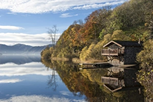 Boathouse Prints: Boathouse and reflections, Lake Ullswater, Lake District National Park, Cumbria, England