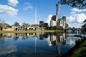 Boathouses and the Southbank district on the Yarra river, Melbourne, Victoria