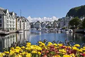 Alesund Prints: Boats and Art Nouveau buildings with waterside summer flowers