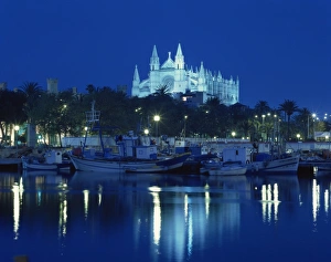 Boats in the bay below the illuminated cathedral at Palma on Majorca, Balearic Islands