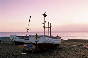 Day Break Prints: Boats and beach at dawn, Aldeburgh, Suffolk, England, United Kingdom, Europe