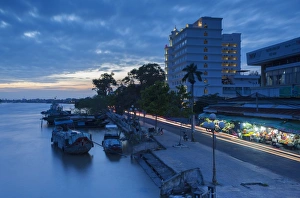Delta Prints: Boats on Ben Tre River at sunset