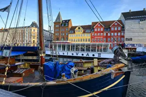 Copenhagen Prints: Boats in Christianshavn Canal with typical colourful houses in the background, Copenhagen