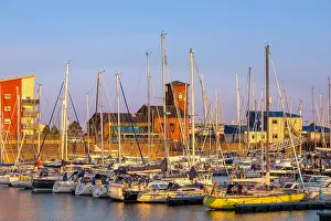 Rope Prints: Boats docked in Ardrossan Marina in Clyde Marina during sunset near the town center of Ardrossan in Scotland
