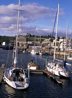 Dover Prints: Boats, with Dover castle beyond, Dover, Kent, England, United Kingdom, Europe