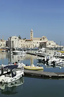 Boats in the harbour by the cathedral of St. Nicholas the Pilgrim (San Nicola Pellegrino) in Trani