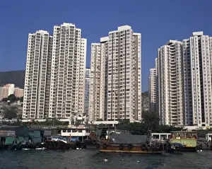 Aberdeen Prints: Boats in the harbour and new high rise apartment blocks for people who lived in sampans