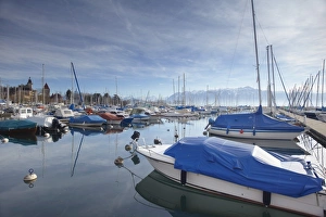 Vaud Prints: Boats in harbour, Ouchy, Lausanne, Vaud, Switzerland, Europe