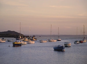 Cotes Darmor Prints: Boats in the harbour at sunset, Ile Grande, Cote de Granit Rose, Cotes d Armor