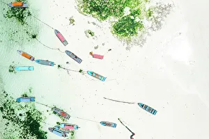 Rope Prints: Boats on idyllic white coral beach, overhead view, Zanzibar, Tanzania, East Africa, Africa