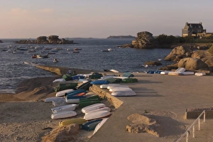 Tregastel Prints: Boats and jetty, Tregastel, Cote de Granit Rose, Cotes d Armor, Brittany