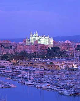 Cathedrals Prints: Boats in the marina at dusk with the cathedral of Palma on the skyline