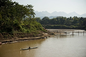 Luang Prabang Prints: Boats on Mekong River, Luang Prabang, Laos, Indochina, Southeast Asia, Asia
