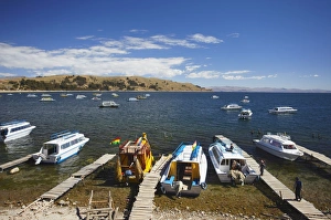 Bolivian Prints: Boats moored in bay, Copacabana, Lake Titicaca, Bolivia, South America
