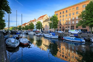 Sailing Boat Prints: Boats moored in Christianshavn Canal, Copenhagen, Denmark, Europe