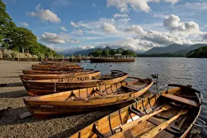 Boats moored at Derwentwater, Lake District National Park, Cumbria, England