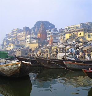 Crowded Prints: Boats Moored in Front of Ghats on the River Ganges, Varanasi, Uttar Pradesh, India